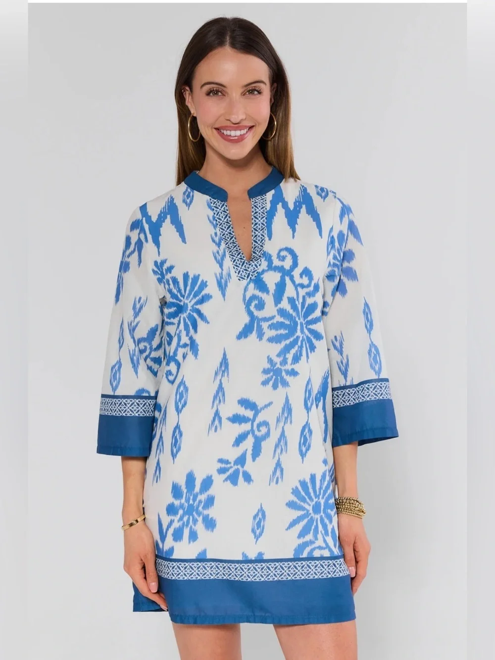Pinch Blue White Floral Print Midi Dress Cotton Women’s L Resortwear Tropical